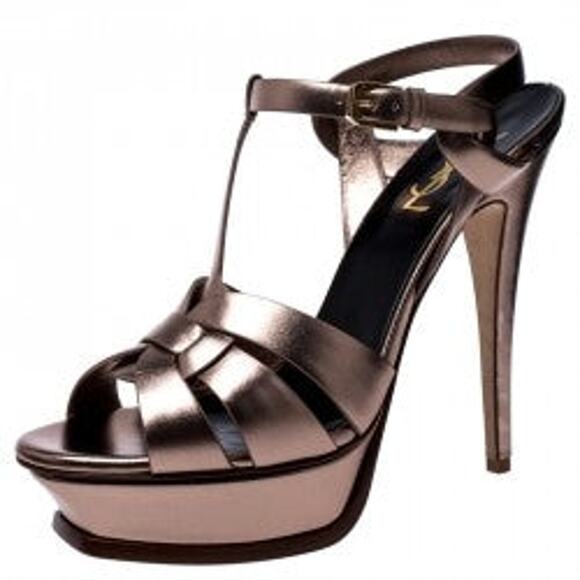 Yves Saint Laurent Paris Metallic Bronze Leather Tribute Platform Heels - 7 - Picture 2 of 4
